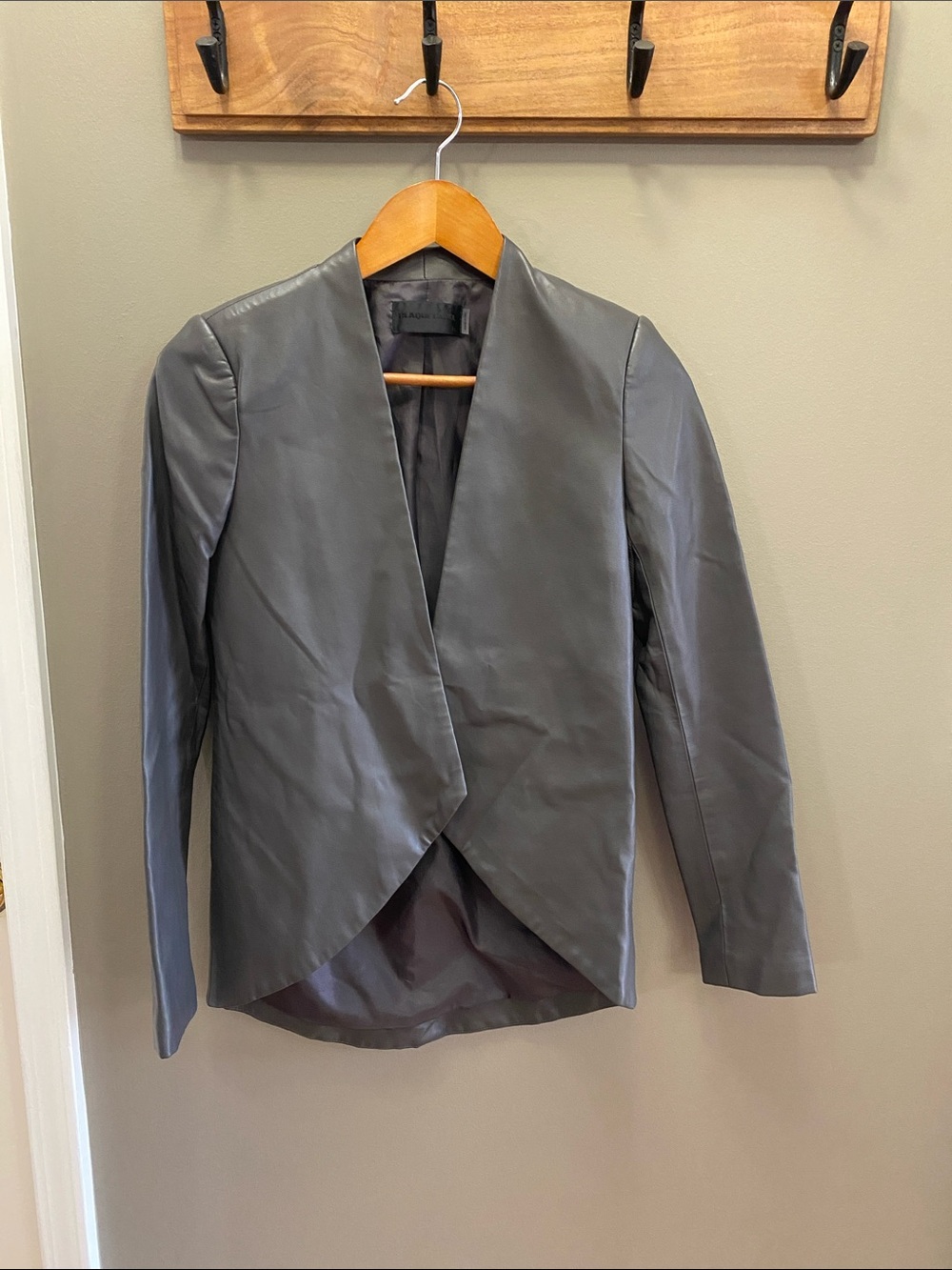 Blaque Label Gray Faux Leather Open-Front Draped Jacket